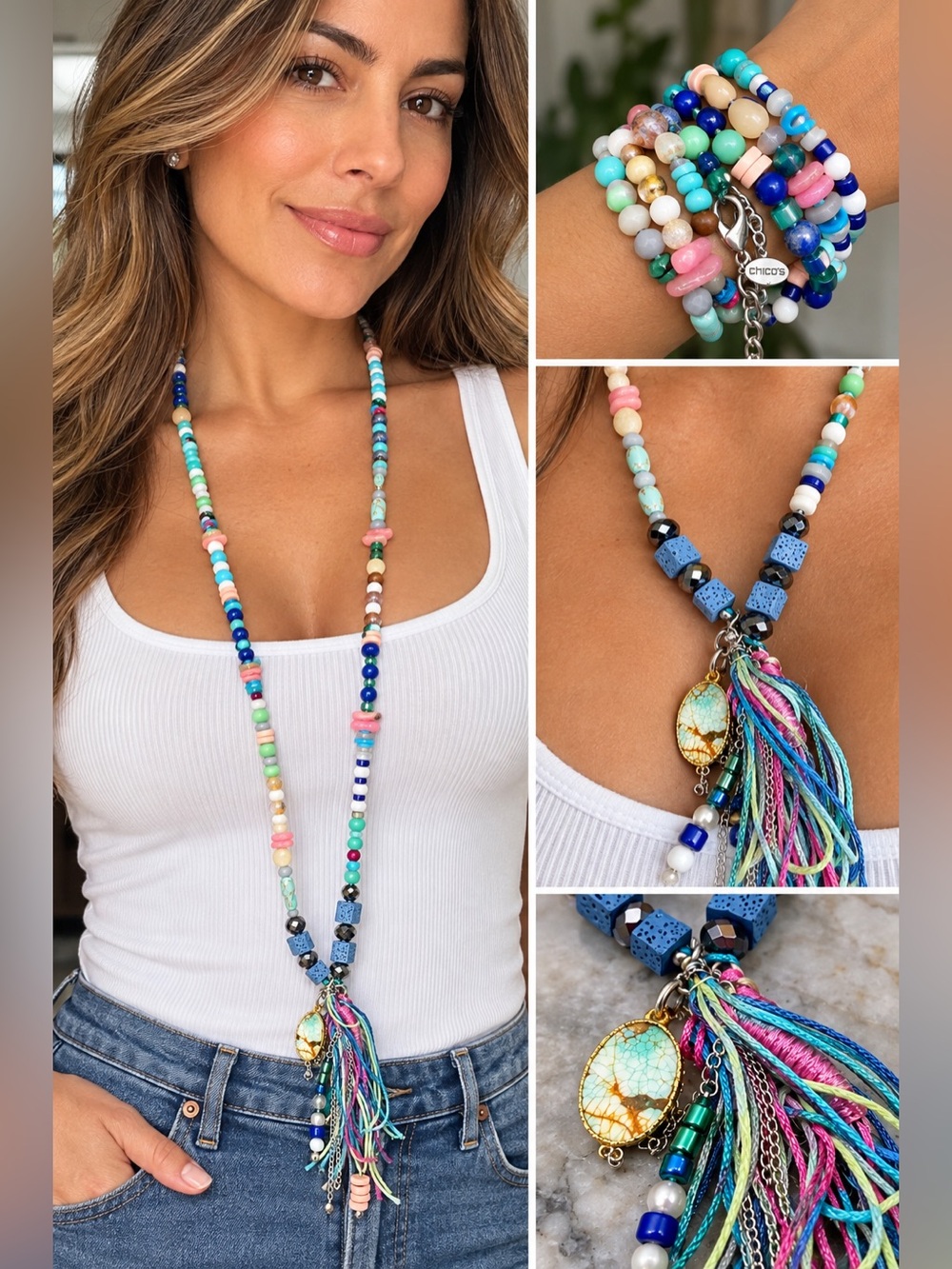 Chicco Multicolor Beaded Tassel Necklace - Vibrant Blue & Pastel Mix